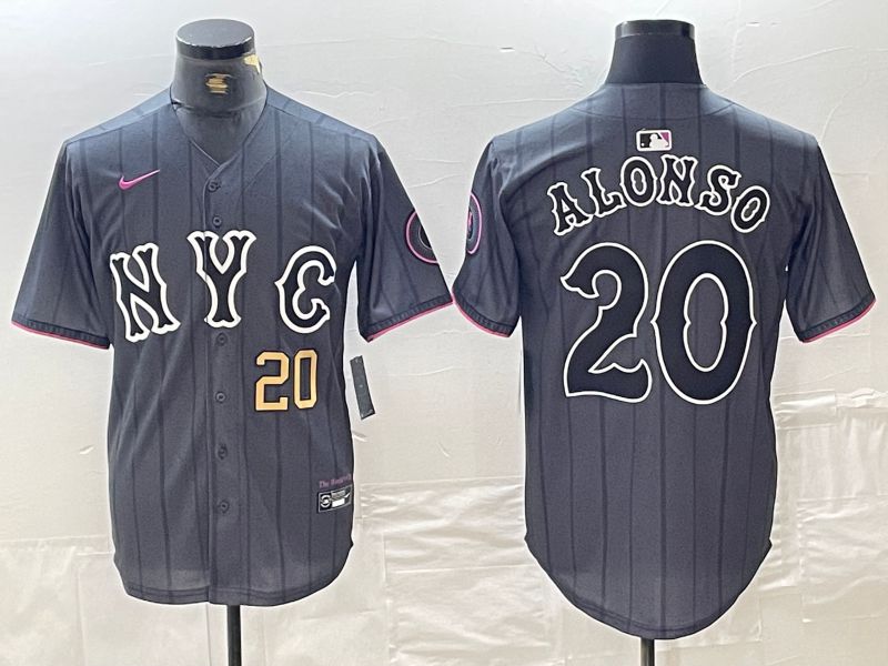 Men New York Mets #20 Alonso Black City Edition 2024 Nike MLB Jersey style 3